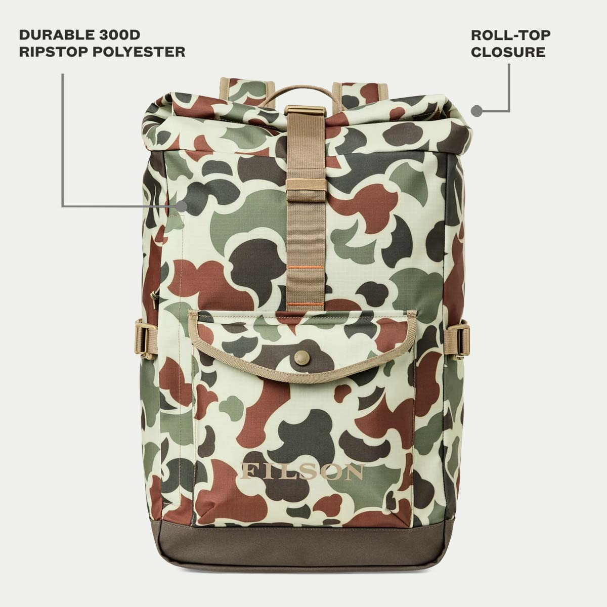 Filson Scout Backpack Shrub Camo/Canteen/Covert, features explaned front