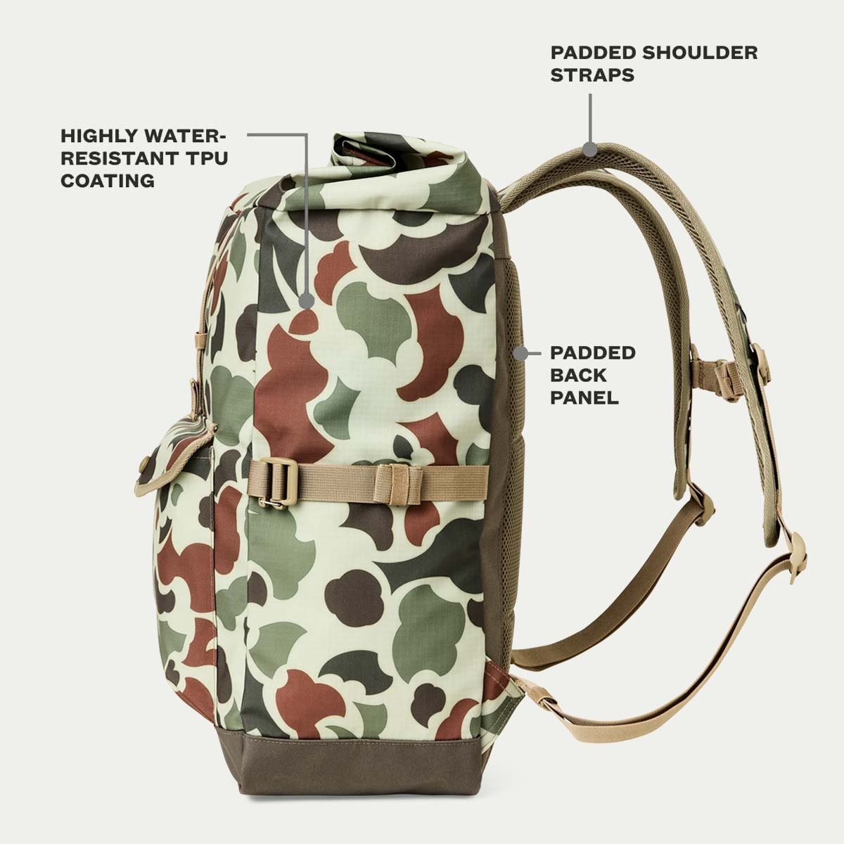 Filson Scout Backpack Shrub Camo/Canteen/Covert, features explaned side