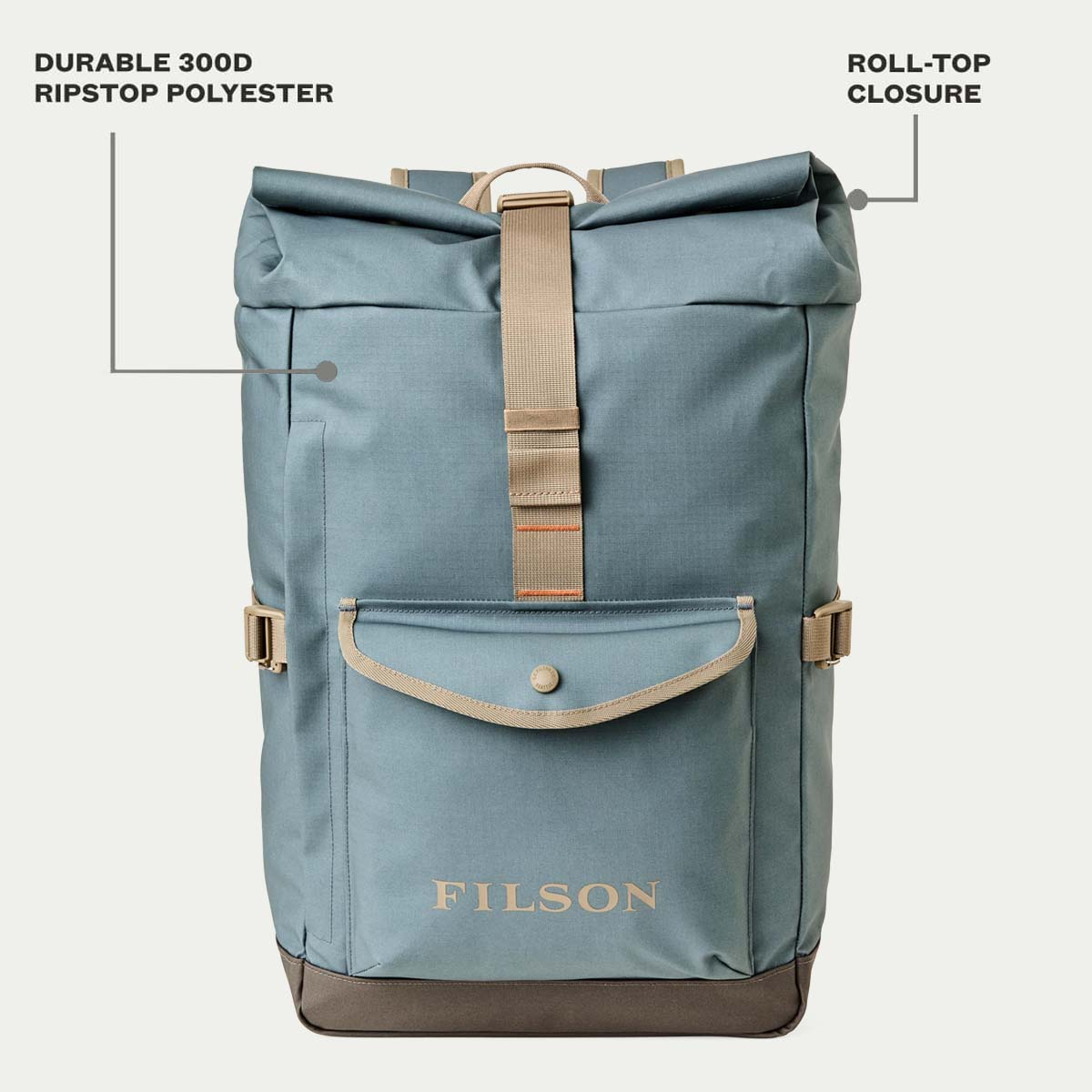Filson All-Weather Backpack Slate/Canteen/Covert, features explaned front