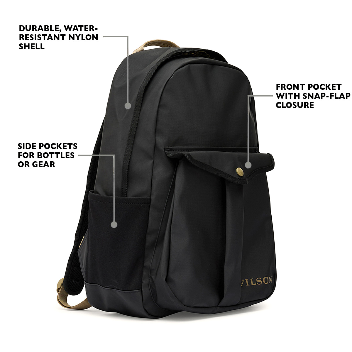 Filson Scout Journeyman Backpack Black/Covert, explained features front