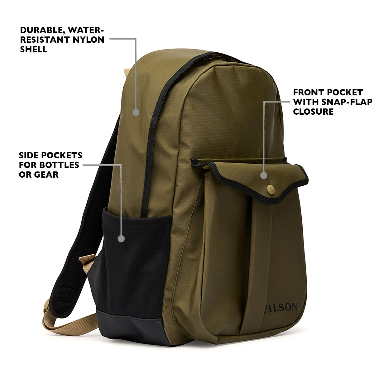 Filson Scout Journeyman Olive/Black/Covert, explained features front Filson Scout Journeyman Backpack Olive/Black/Covert, explained features front