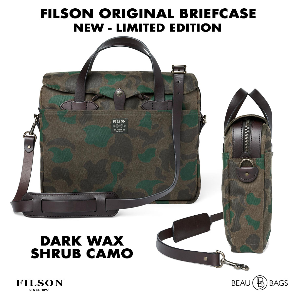 Filson Waxed Rugged Twill Original Briefcase 20226928-Dark Wax Shrub Camo, Limited Camo Edition