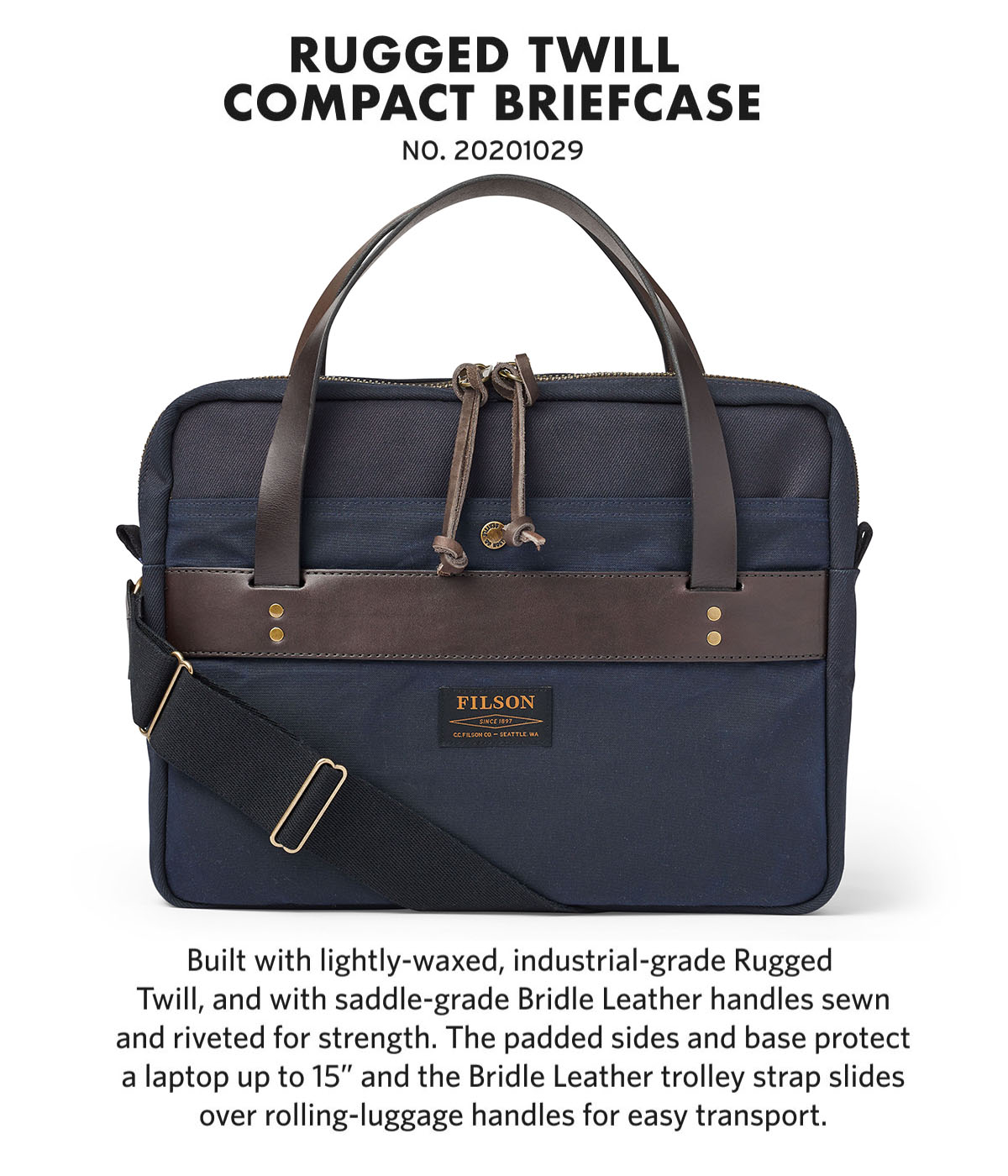 Filson Compact Briefcase Navy, Designed and woven with Rugged Twill, Filsons most durable, hard-wearing luggage fabric