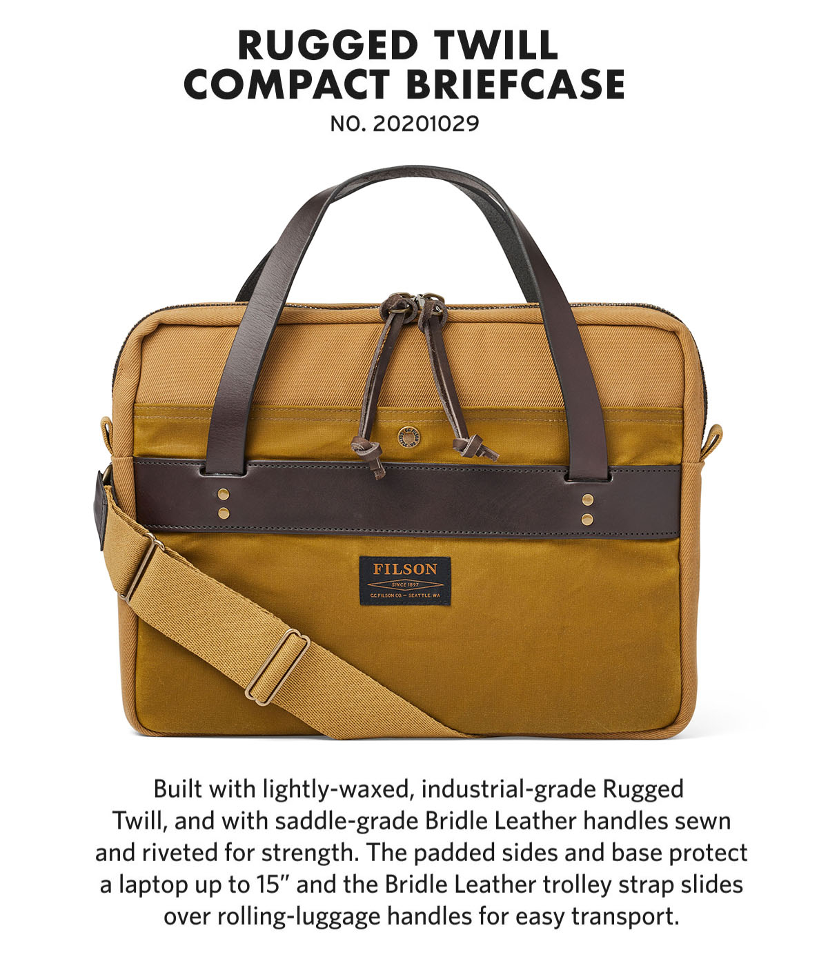 Filson Compact Briefcase Tan, Designed and woven with Rugged Twill, Filsons most durable, hard-wearing luggage fabric