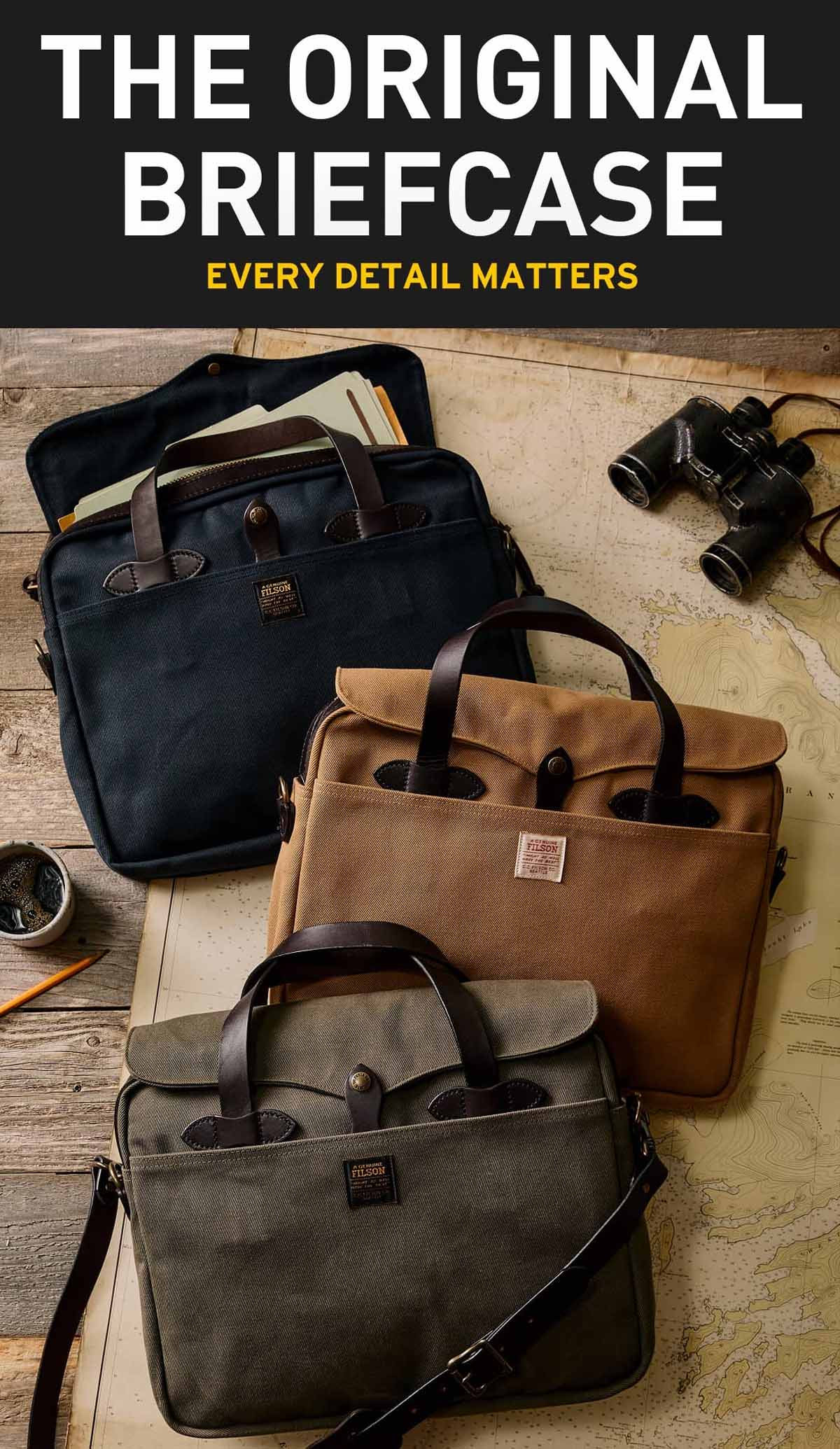 Filson Original Briefcase Navy, Tan and Otter Green, every detail matters
