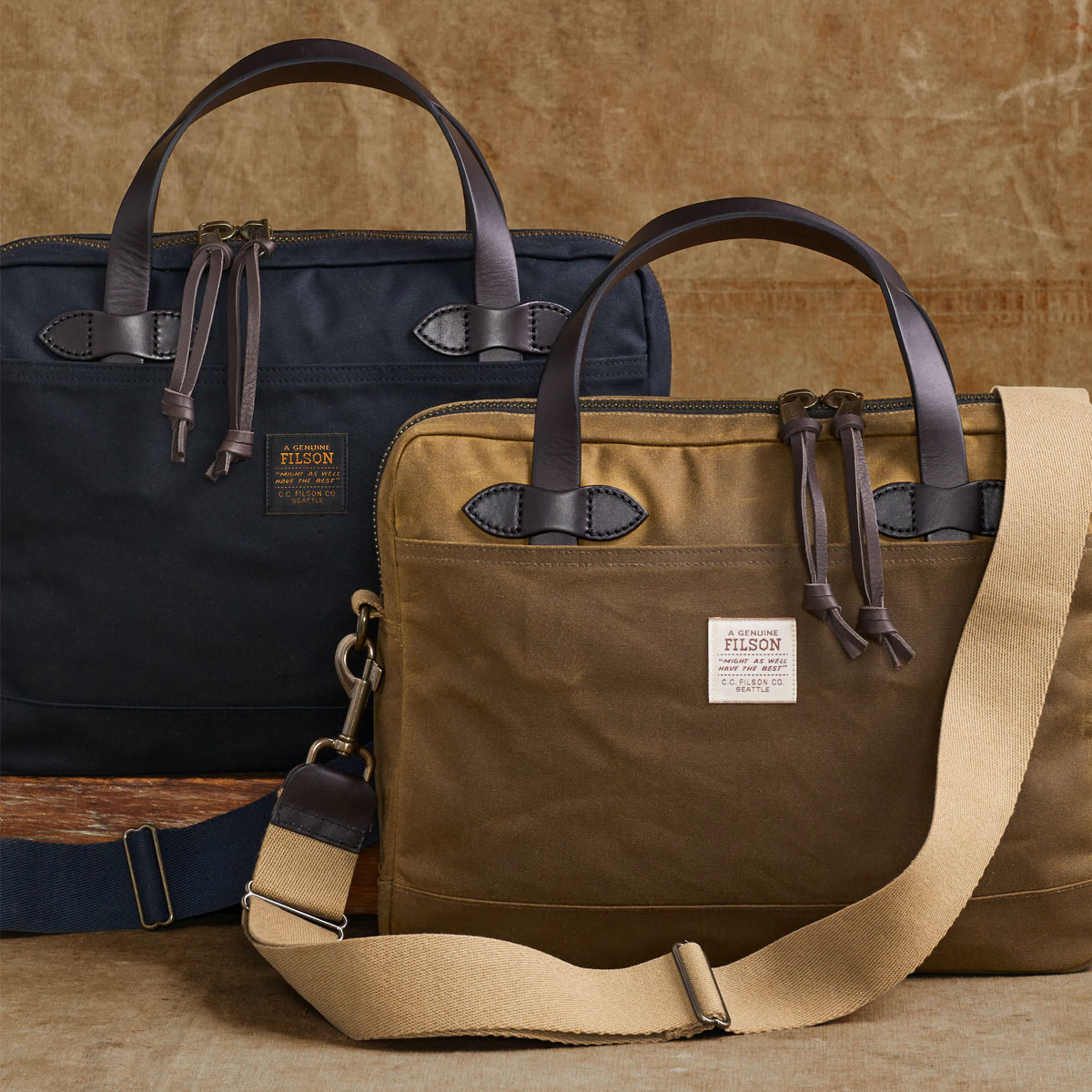 Filson Tin Cloth Compact Briefcase Navy, a streamlined briefcase made with heritage materials and modern design