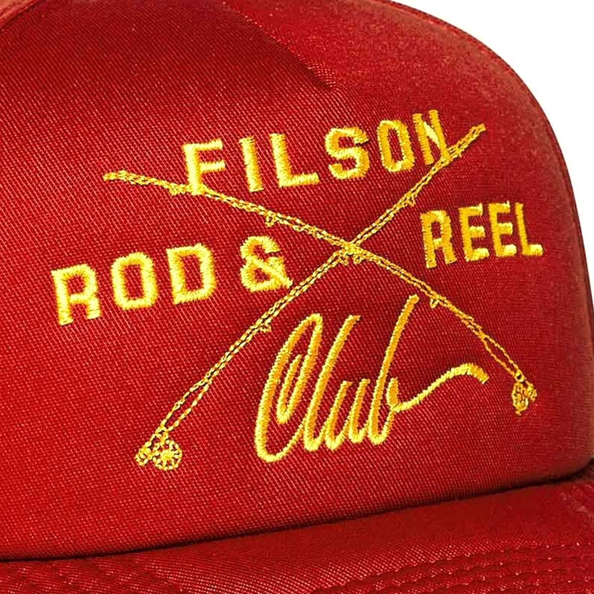 Filson Harvester Cap Rust/Rod And Reel Club, a classic five-panel design made with sturdy polyester/cotton blend for years of service
