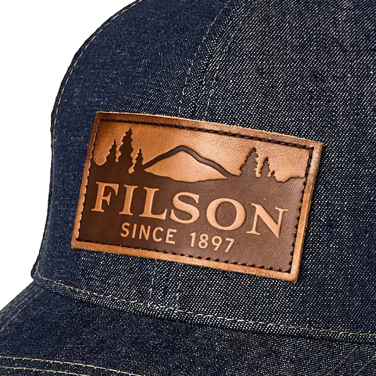 Filson Logger Mesh Cap Dark Indigo/Scenic, made with 100% cotton denim and breathable polyester mesh