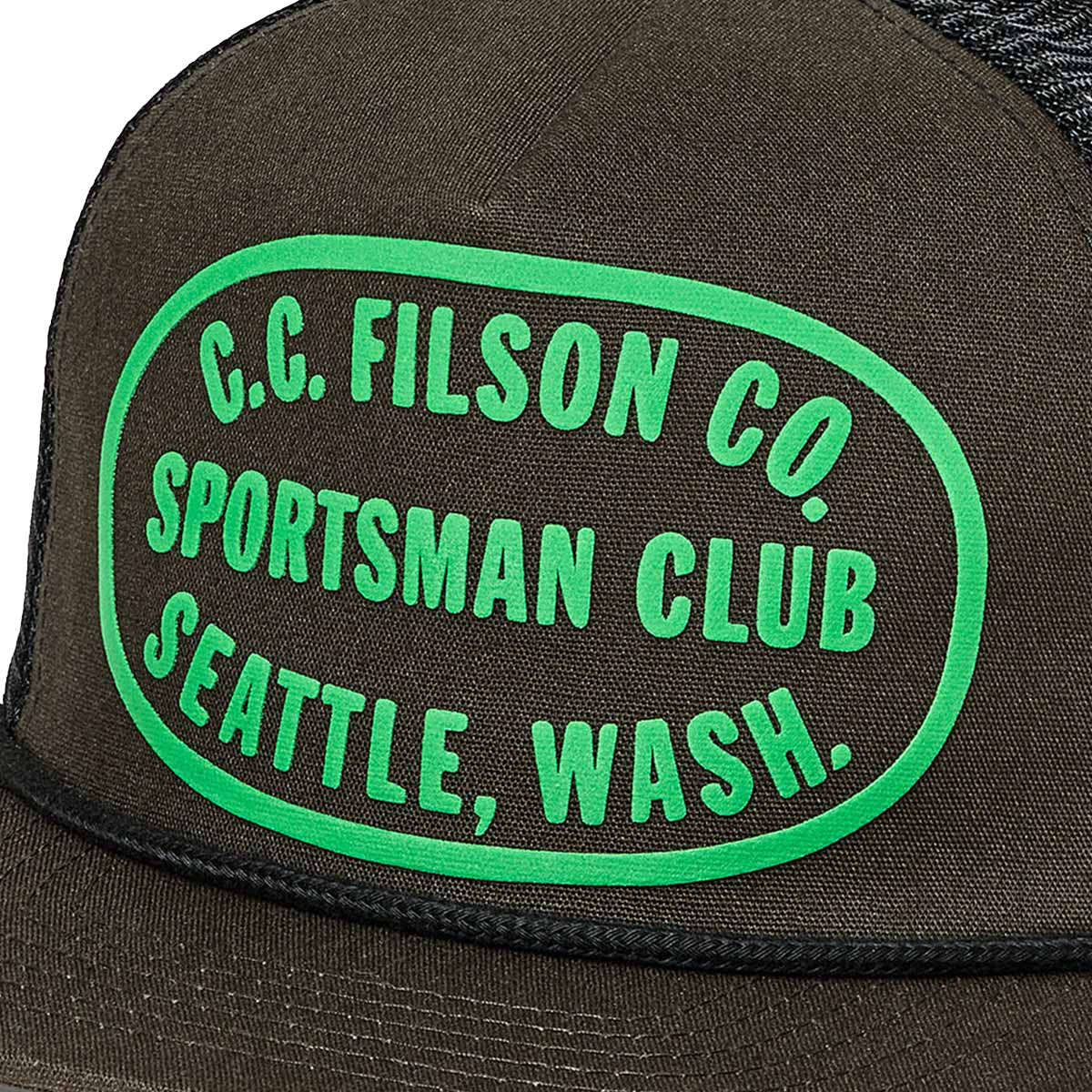 Filson Trucker Mesh Cap Dark Forest/Sportsman, a classic trucker mesh cap, finished with a Filson Sportsman Club patch—built for style and durability