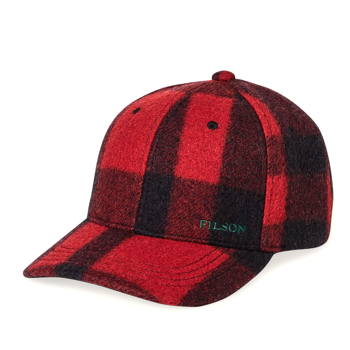 Filson Wool Logger Cap Red/Black Heritage Plaid, Filson's warmest logger cap, made with weather-resistant Mackinaw Wool