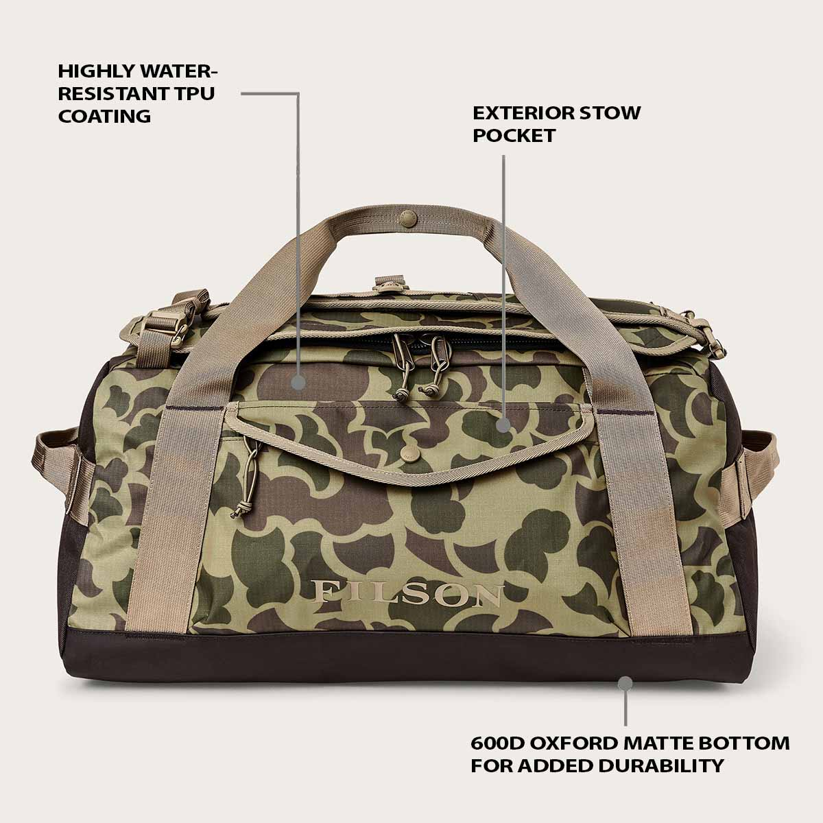 Filson All-Weather 50L-Duffle Tundra/Shrub Camo, features explaned front