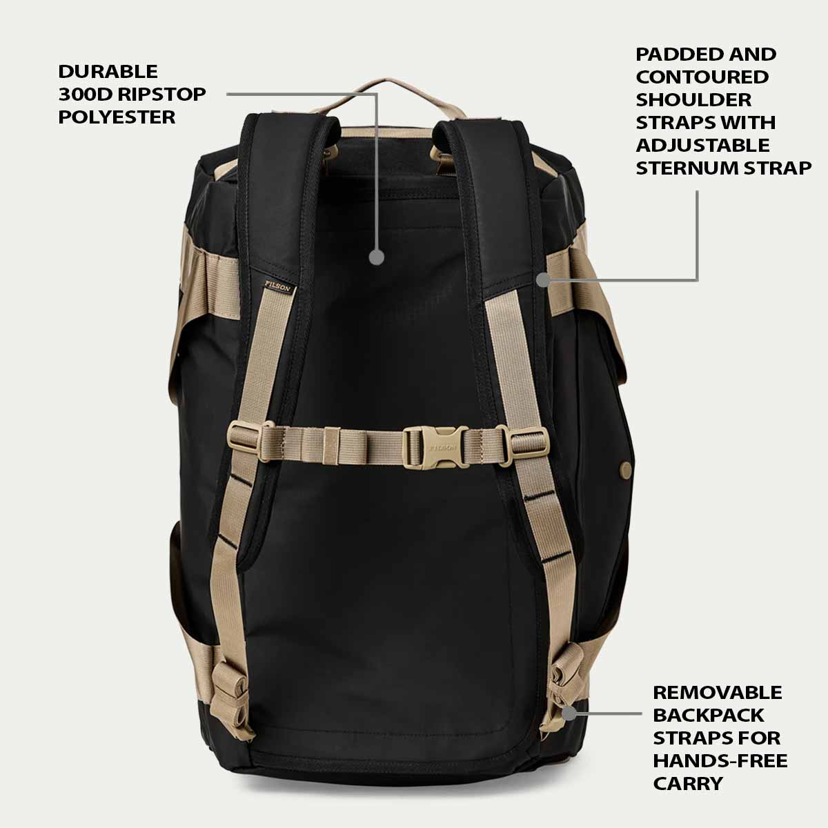 Filson Scout 50L-Duffle Black/Covert, features explaned as backpack
