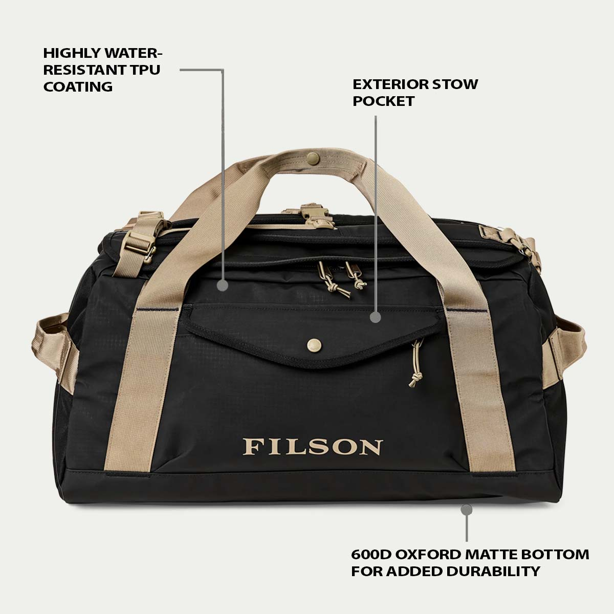 Filson Scout 50L-Duffle Black/Covert, features explaned front