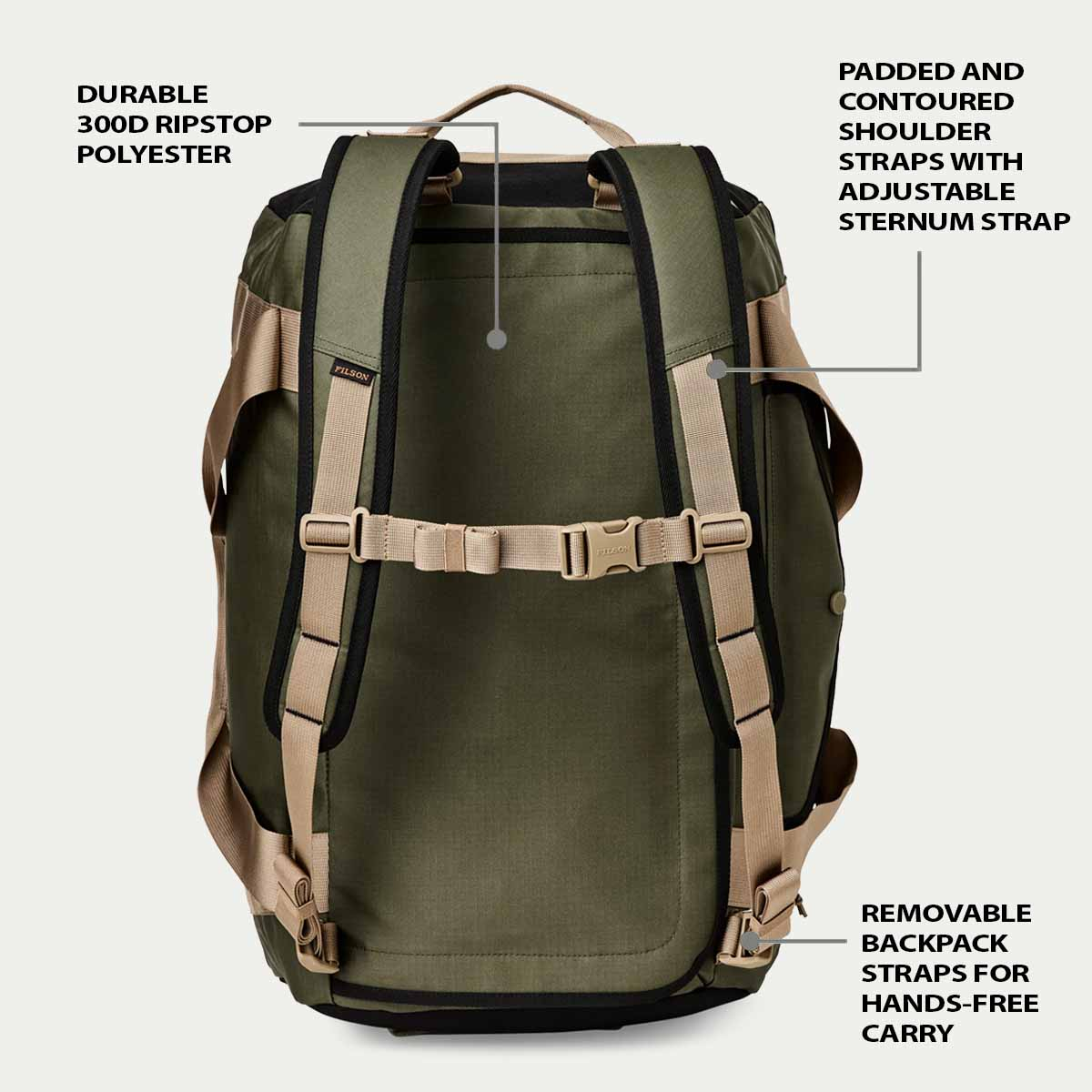 Filson Scout 50L-Duffle Olive/Black/Covert, features explaned as backpack