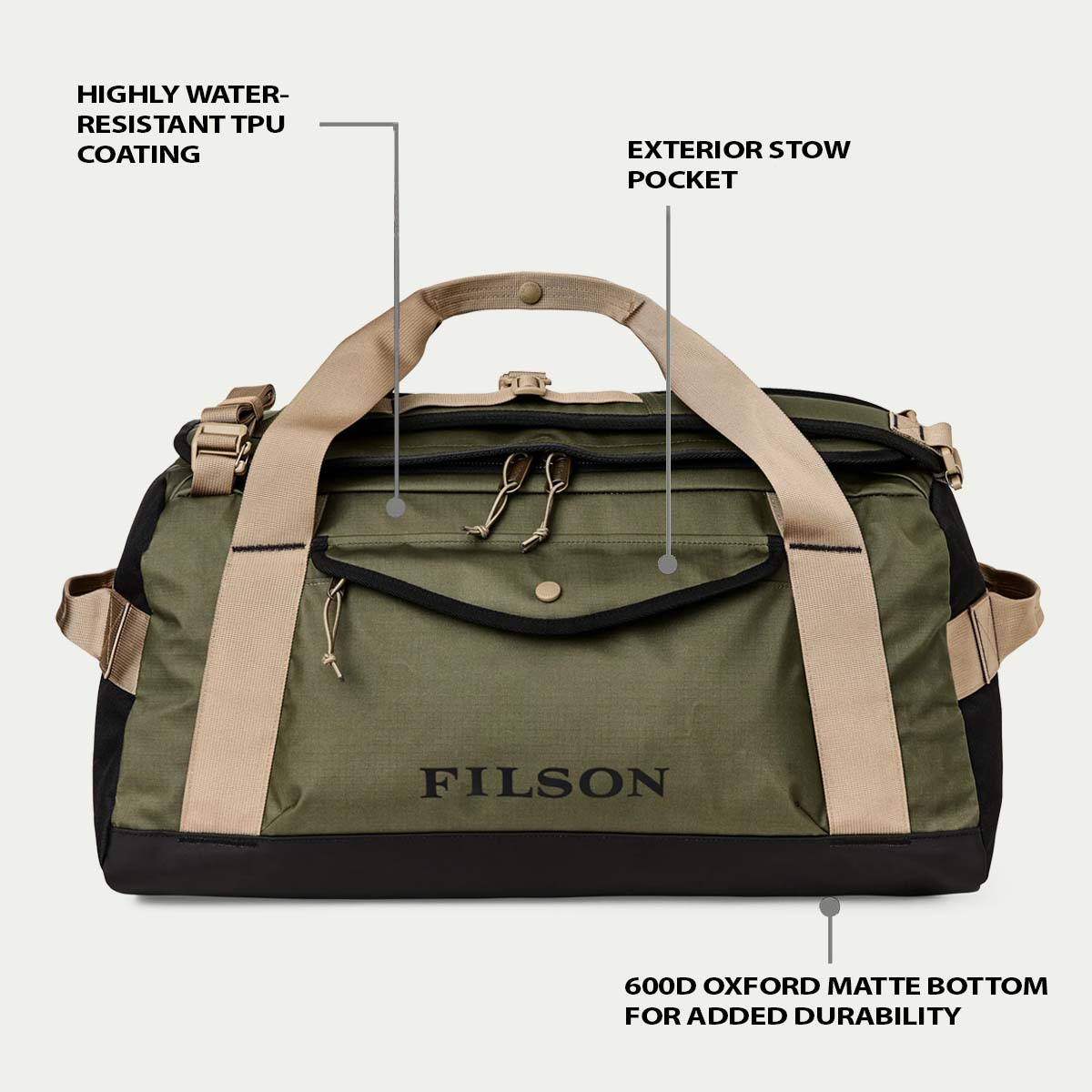 Filson Scout 50L-Duffle Olive/Black/Covert, features explaned front