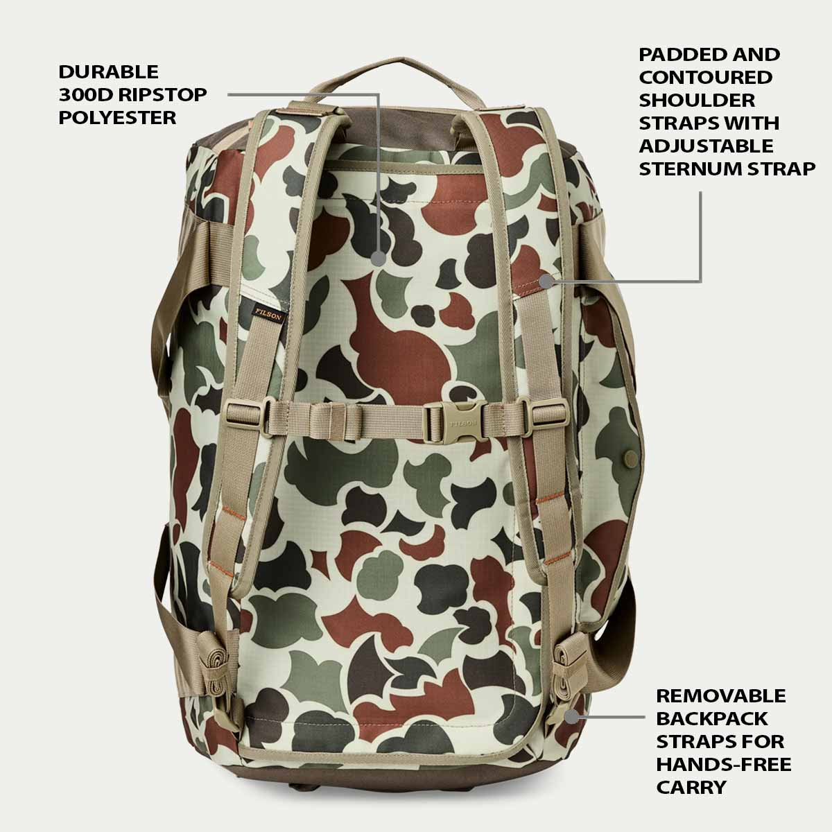 Filson Scout 50L-Duffle Shrub Camo/Canteen/Covert, features explaned as backpack