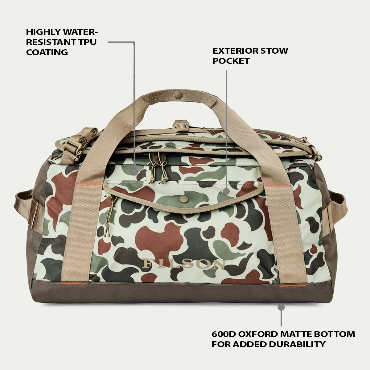Filson Scout 50L-Duffle Shrub Camo/Canteen/Covert, features explaned front