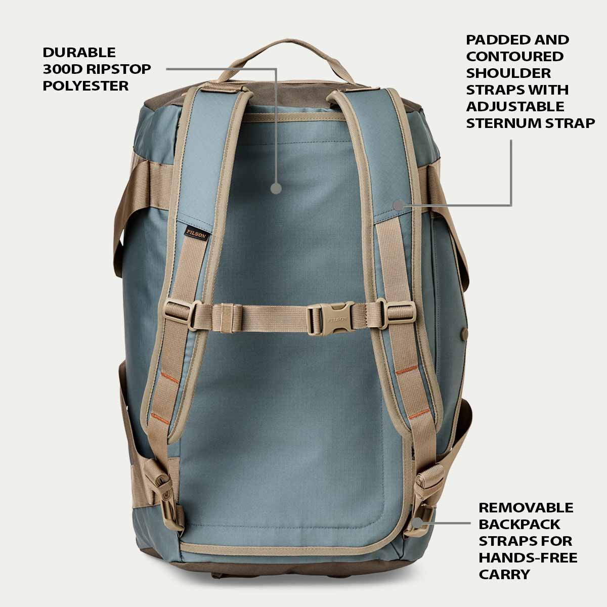 Filson Scout 50L-Duffle Slate/Canteen/Covert, features explaned as backpack