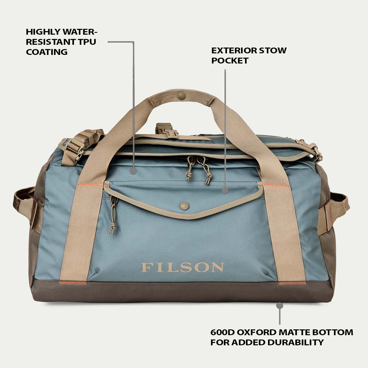 Filson Scout 50L-Duffle Slate/Canteen/Covert, features explaned front