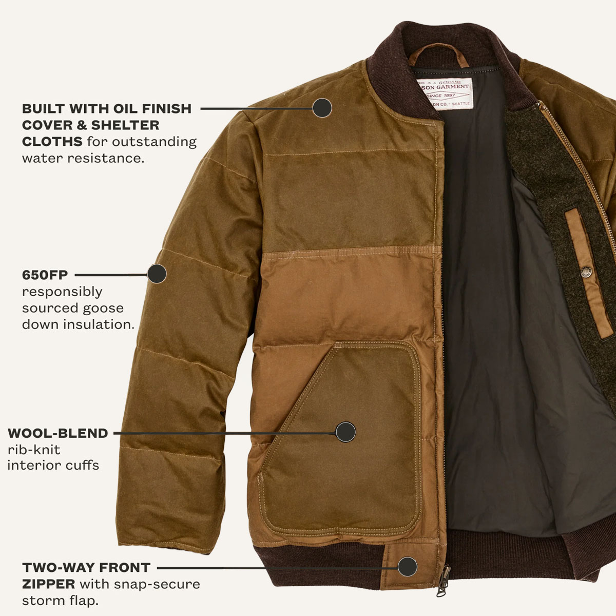 Filson Down Bomber Jacket Dark Tan, features