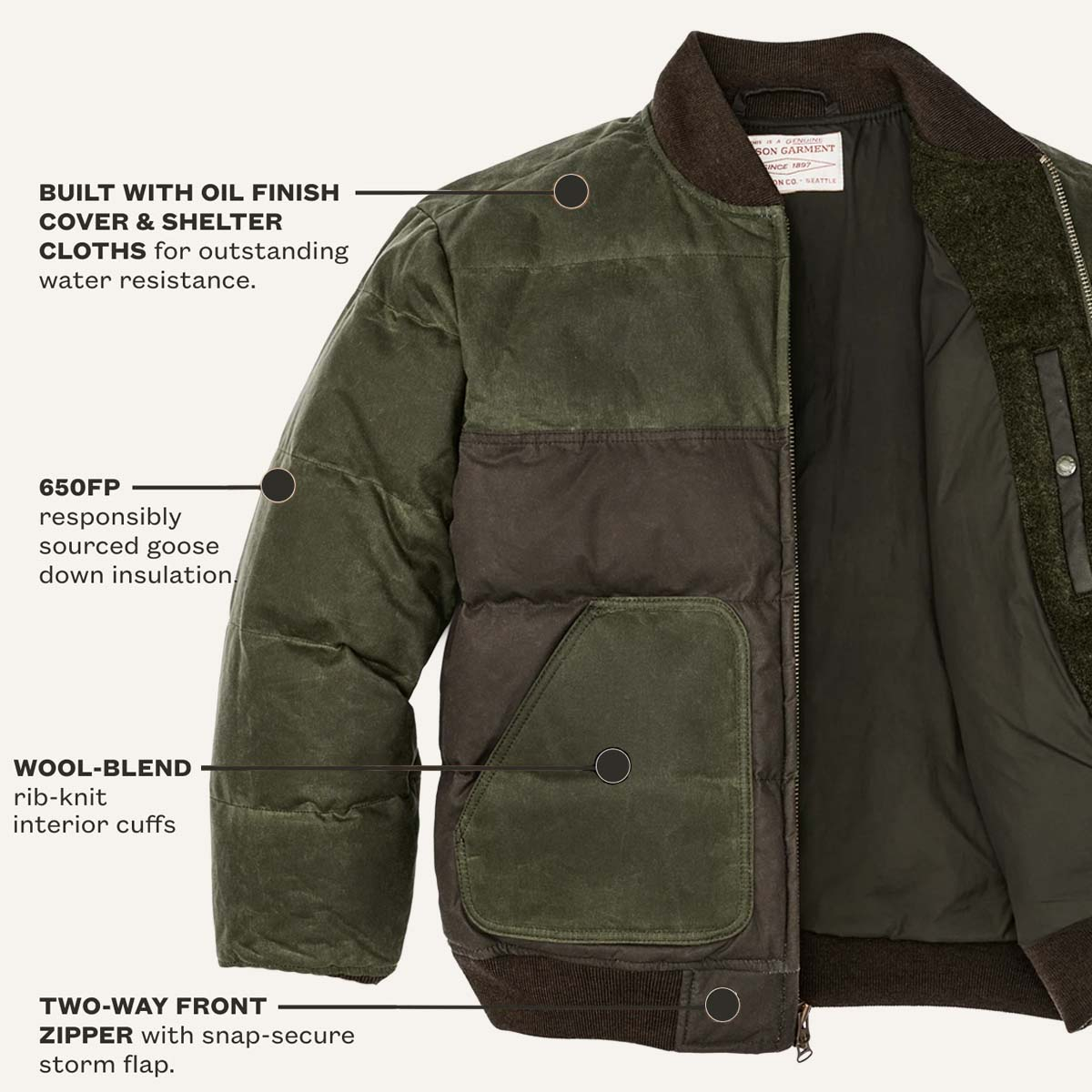 Filson Down Bomber Jacket Otter Green, features