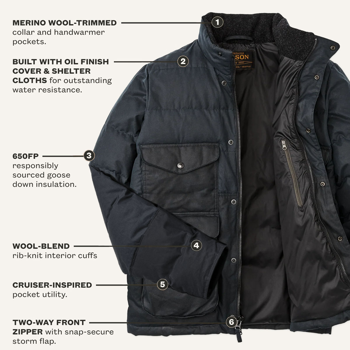 Filson Down Cruiser Jacket Harbor Blue, features