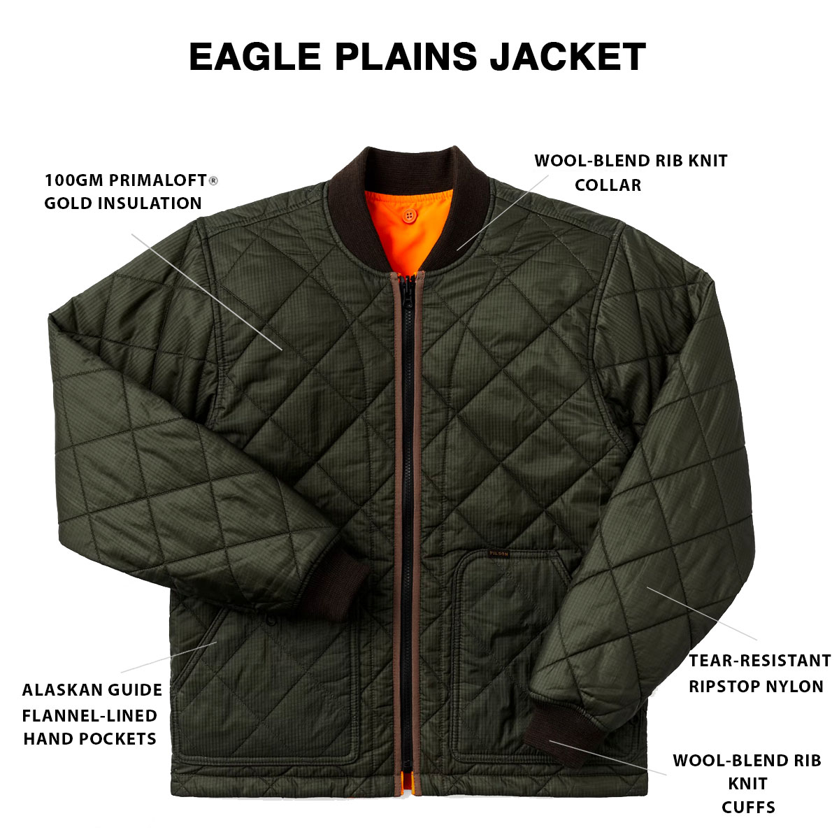 Filson Eagle Plains Jacket Liner Surplus Green Blaze, with Cordura® Ripstop nylon and 100gm PrimaLoft® Gold insulation