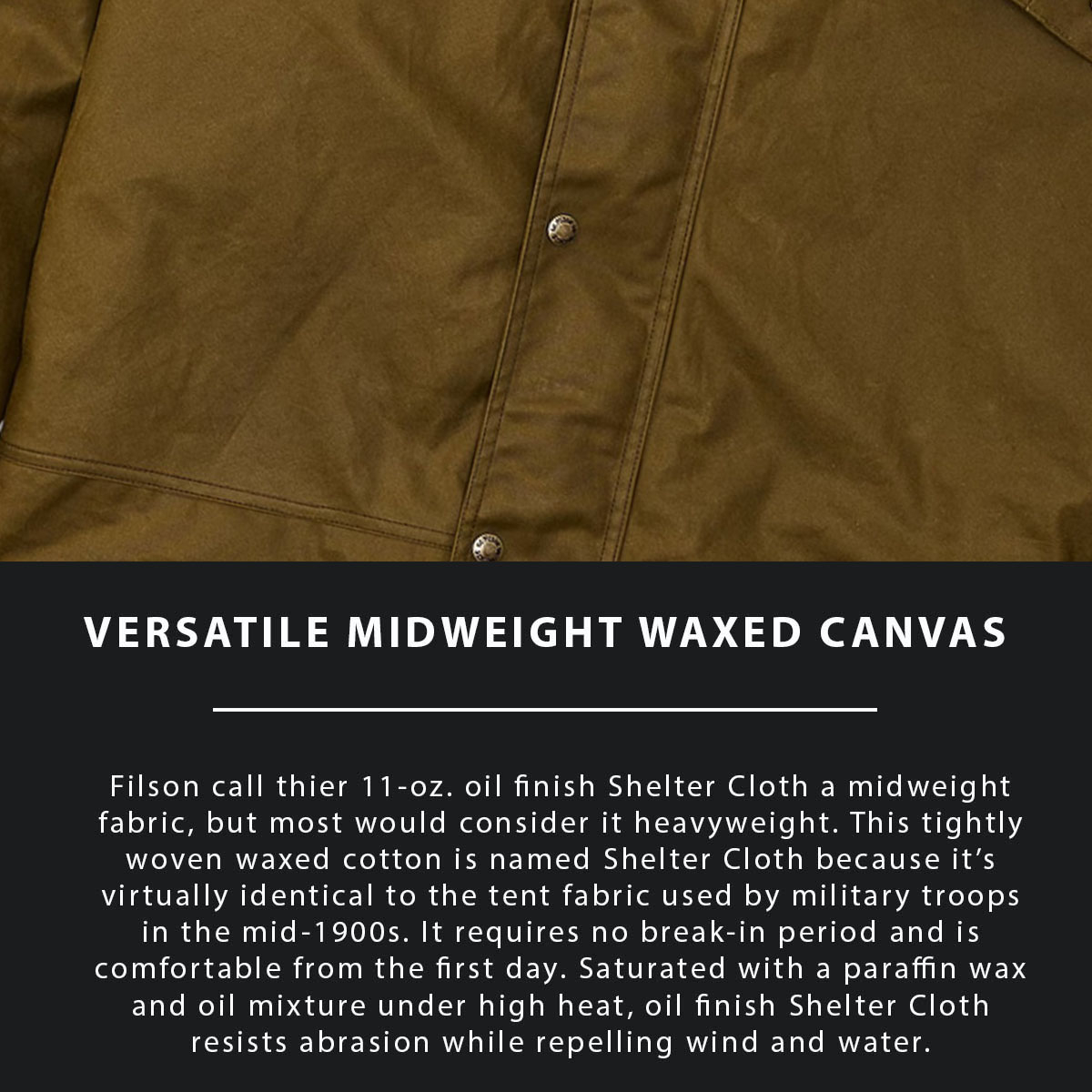 Filson Foul Weather Jacket Dark Tan, Build with water-resistant 11-oz. oil finish Shelter Cloth