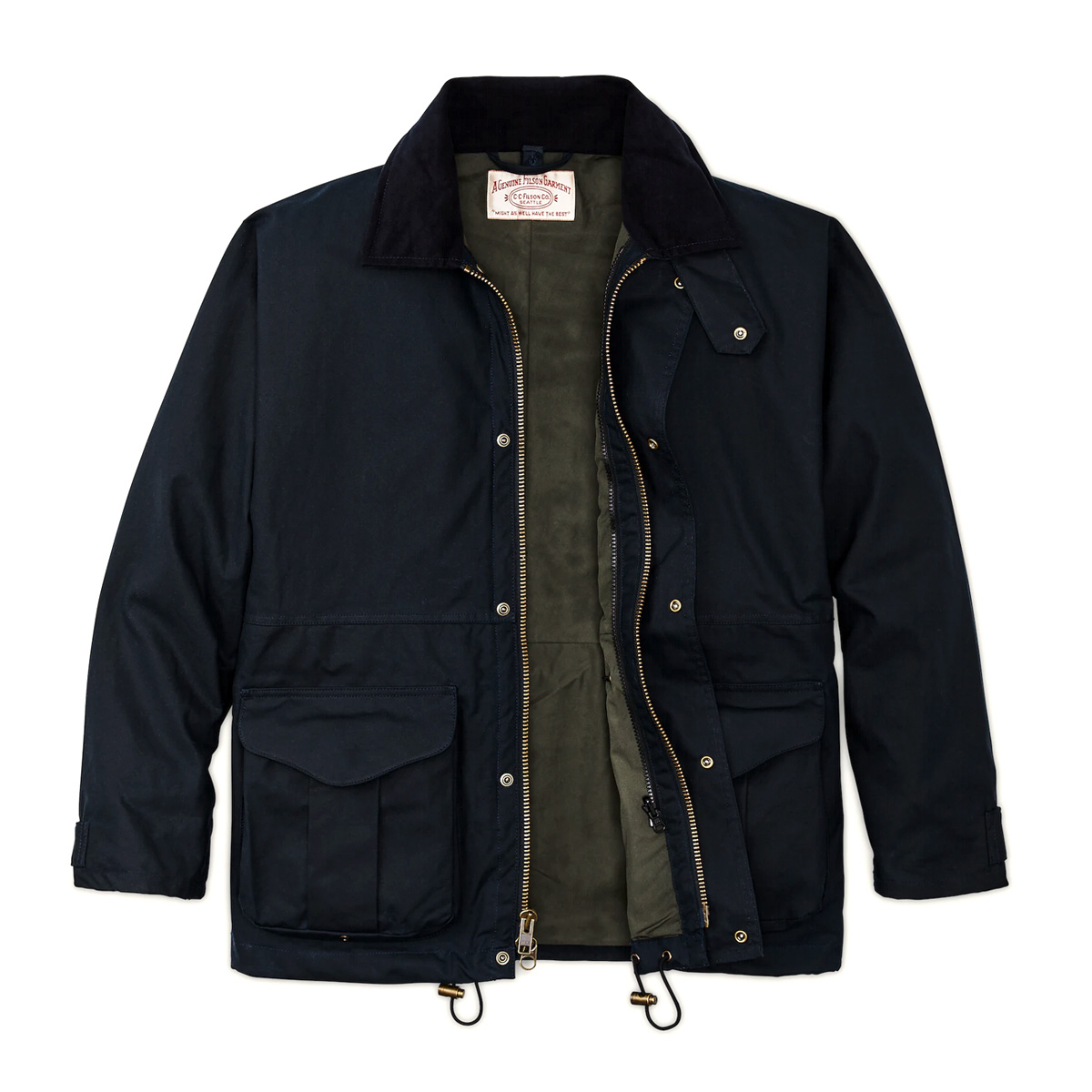 Filson Foul Weather Jacket Harbor Blue, a classic waxed-cotton raincoat with improved fit and sturdy fabric