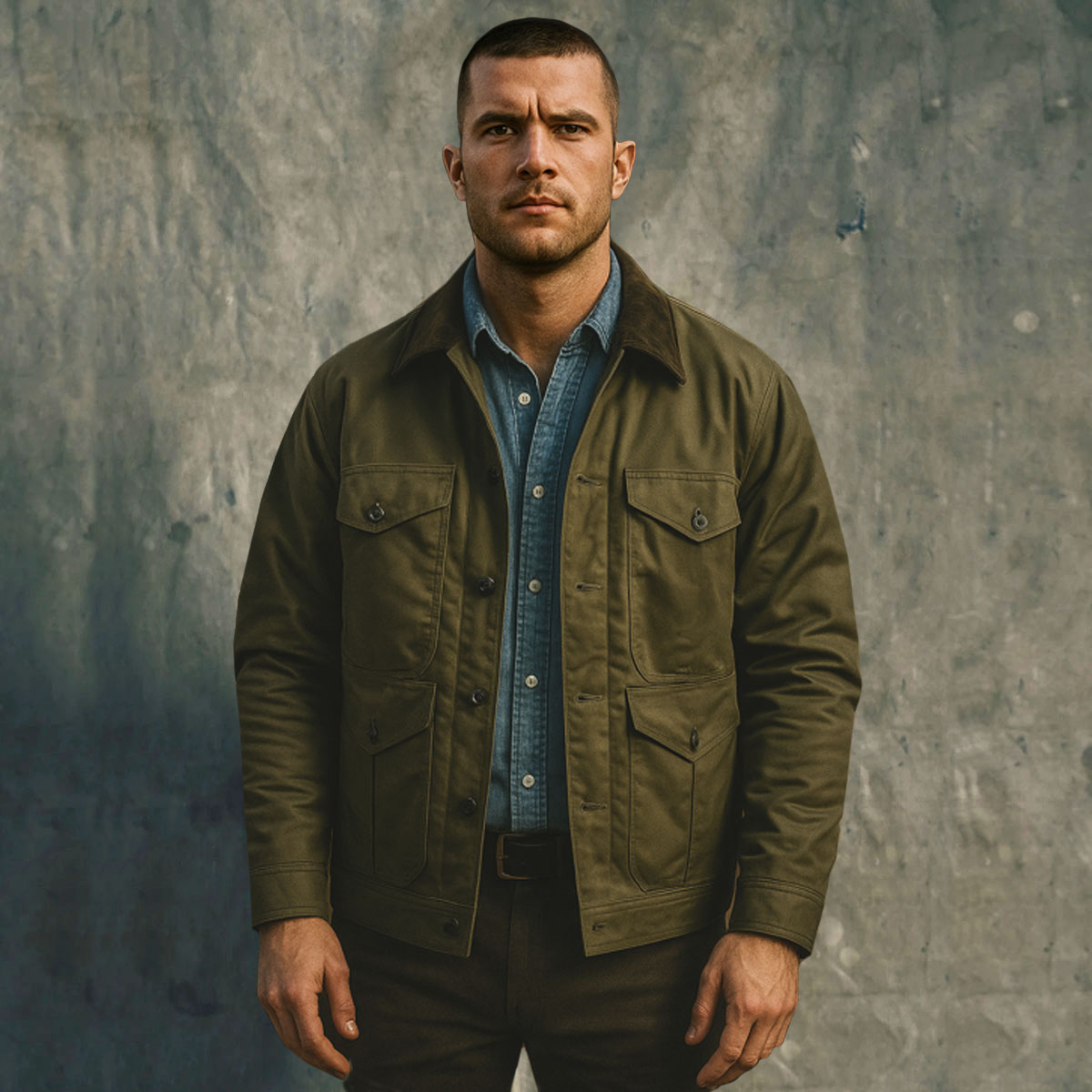 Filson Journeyman Jacket Otter Green wearing front
