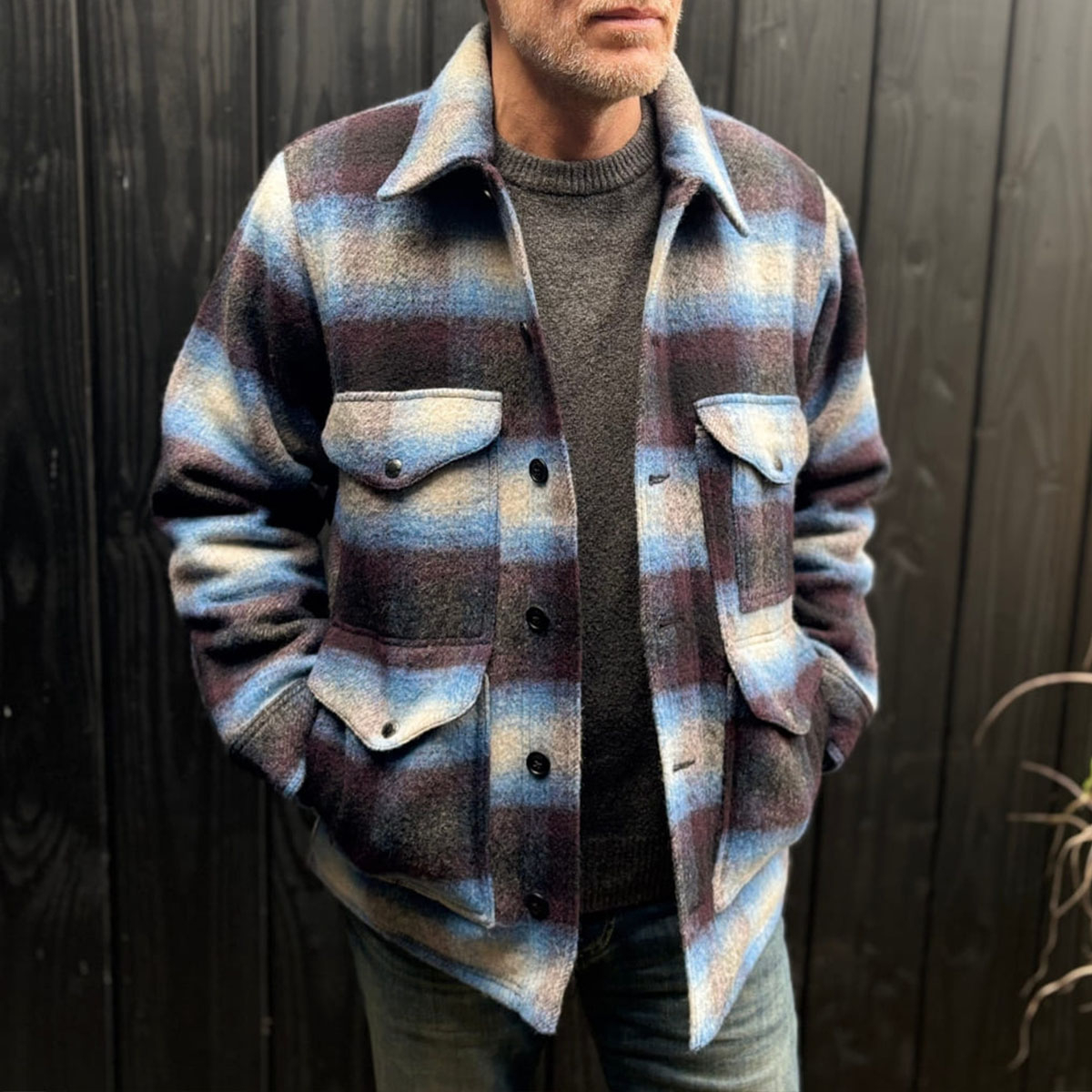 Filson Knitted Wool Cruiser Blue/Black Plaid, Adjustable cuffs with double-button detailing