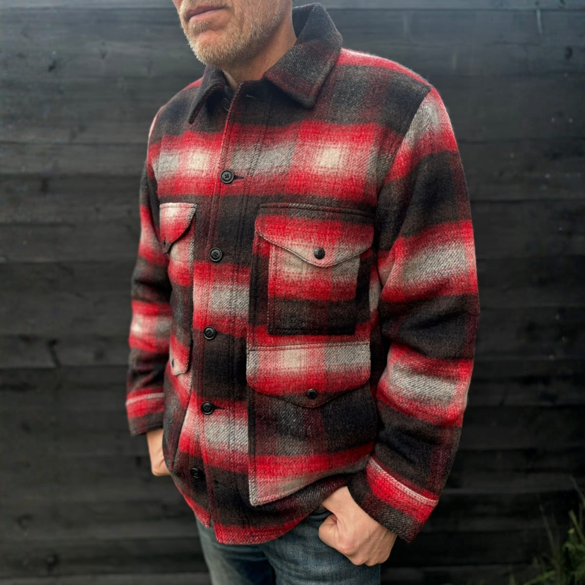 Filson Knitted Wool Cruiser Red/Black Plaid, Adjustable cuffs with double-button detailing
