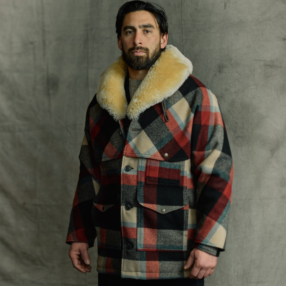 Filson Lined Mackinaw Wool Packer Coat Red/Cream/Blue Plaid, Styled on model for size
