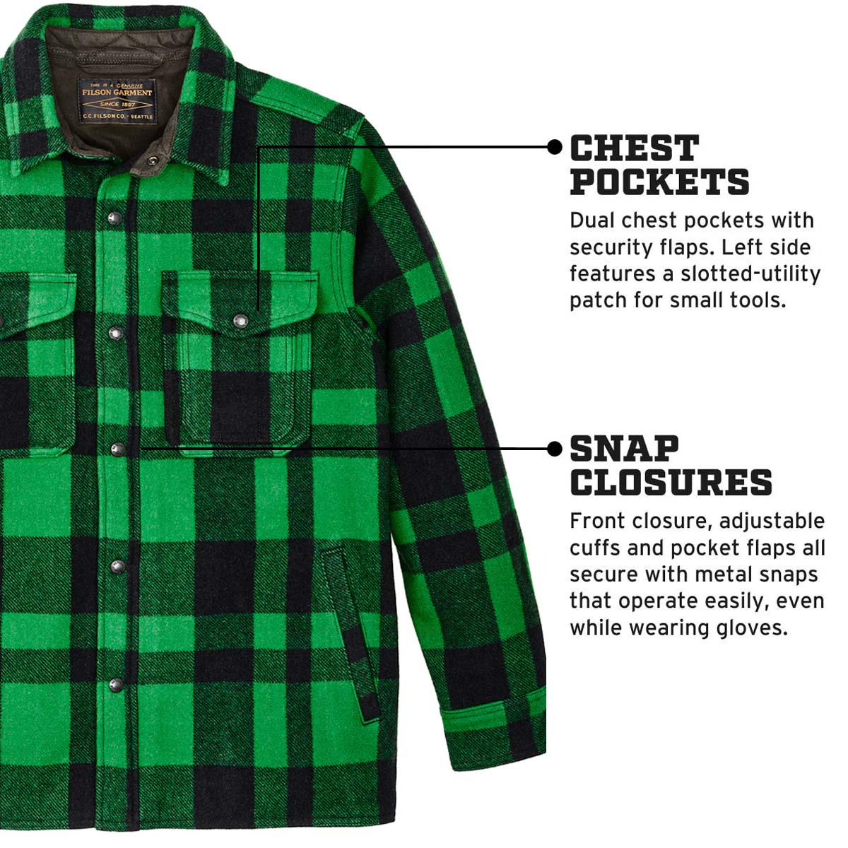 Filson Mackinaw Jac Shirt Acid Green/Black Heritage Plaid, features