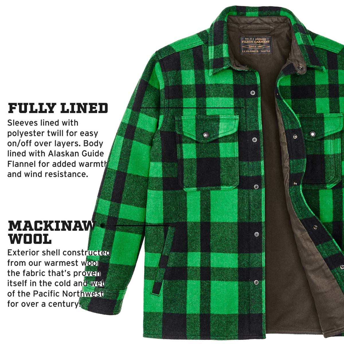 Filson Mackinaw Jac Shirt Acid Green/Black Heritage Plaid, features