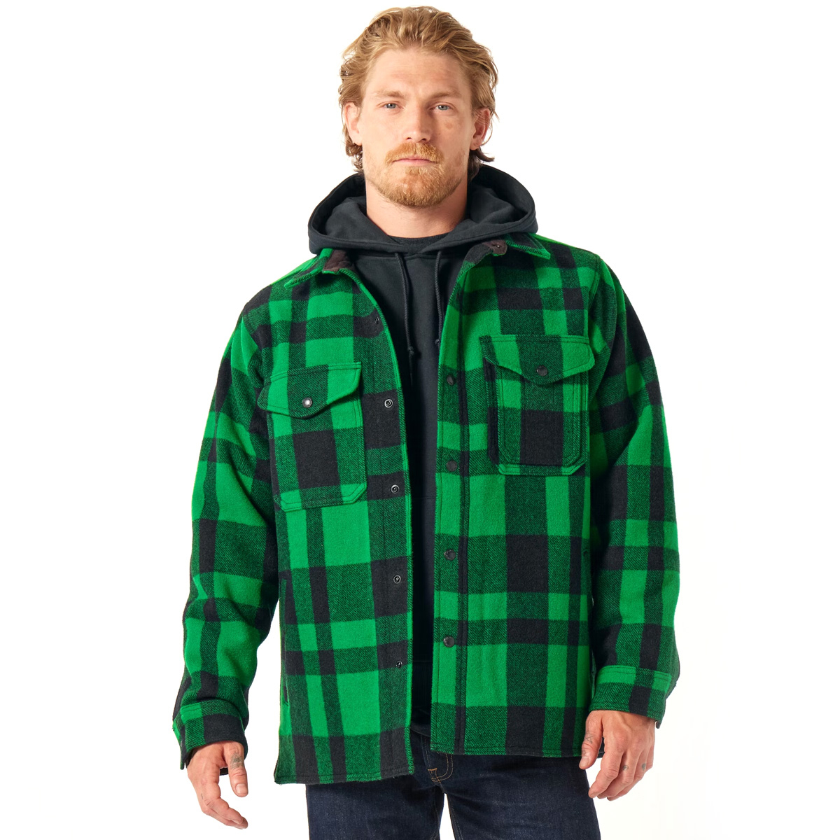 Filson Mackinaw Jac Shirt Acid Green/Black Heritage Plaid, Made of 100% virgin Mackinaw Wool for comfort, natural water-repellency and insulating warmth in any weather conditions