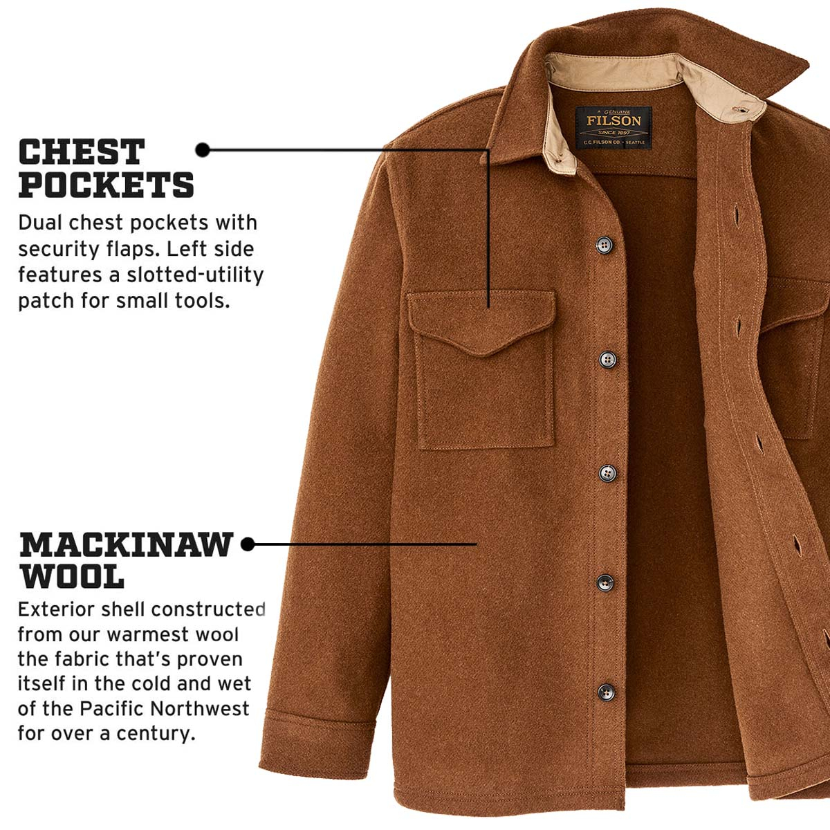 Filson Mackinaw Wool Jac-Shirt Chessie Tan, features Filson Mackinaw Wool Jac-Shirt Chessie Tan, features
