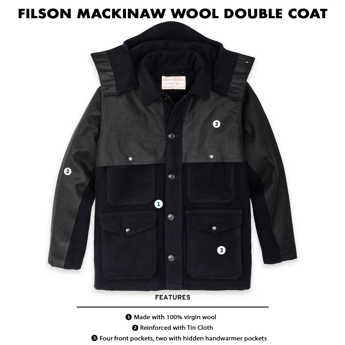 Filson Mackinaw Wool Double Coat Dark Navy, features