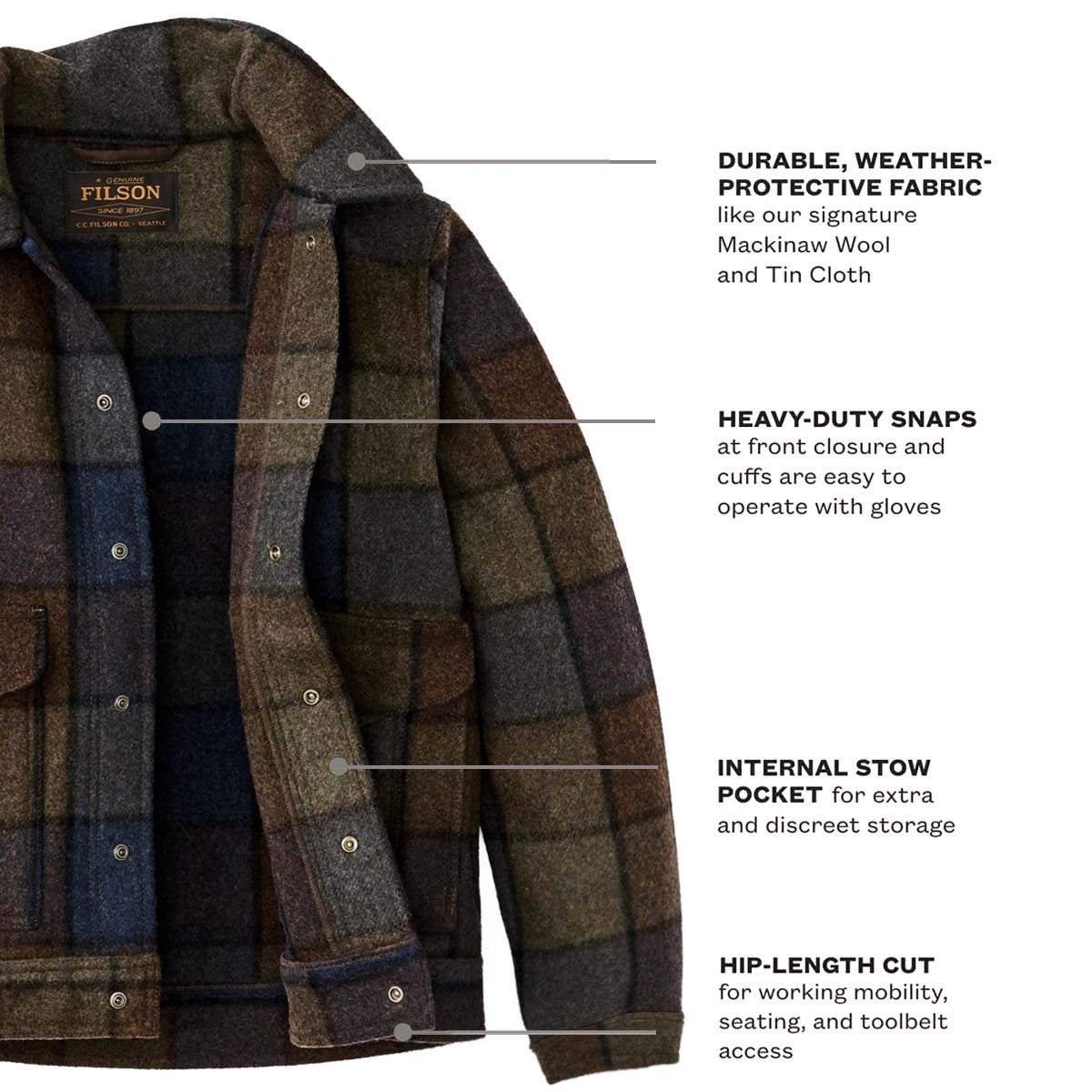 Filson Mackinaw Wool  Work Jacket Blue/Brown/Gray Plaid, Snap Closures and Chest Pockets