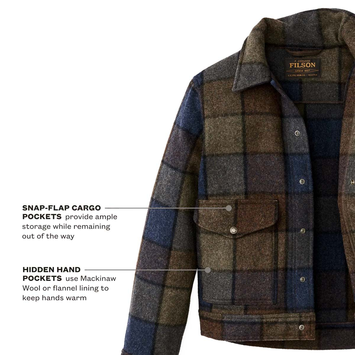 Filson Mackinaw Wool Work Jacket Blue/Brown/Gray Plaid, Legendary Mackinaw Wool and Sewn in Seattle