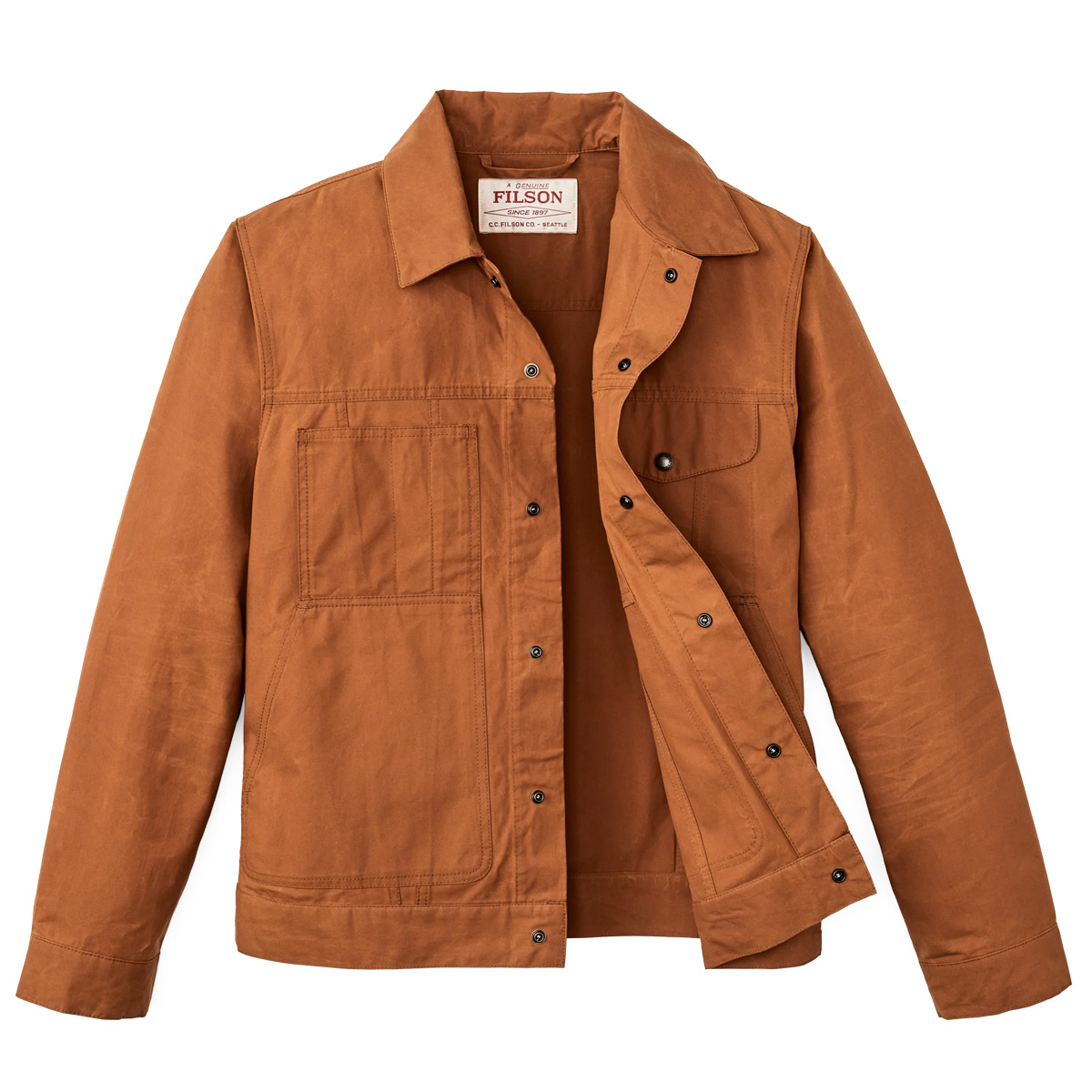 Filson Ranger Short Cruiser Bourbon, rugged hip-length jacket made from lighter, washable waxed cotton for warmer weather