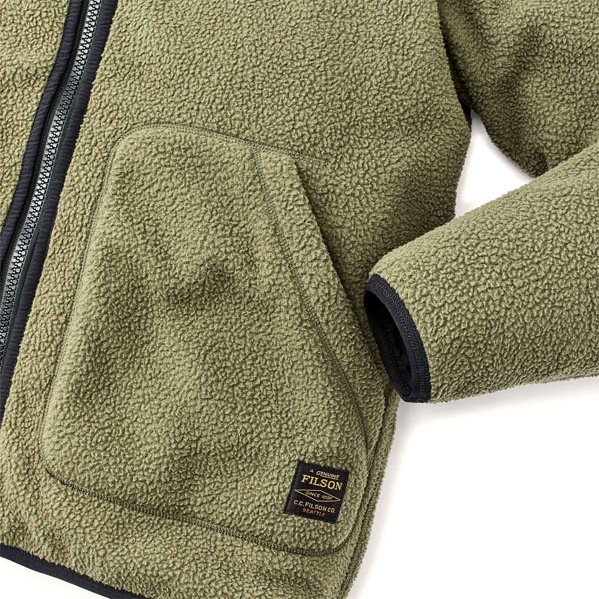 Filson Reversible Pile Fleece Jacket Dark Olive Drab, made with 4-oz. ripstop nylon + 9.5-oz. high-pile fleece