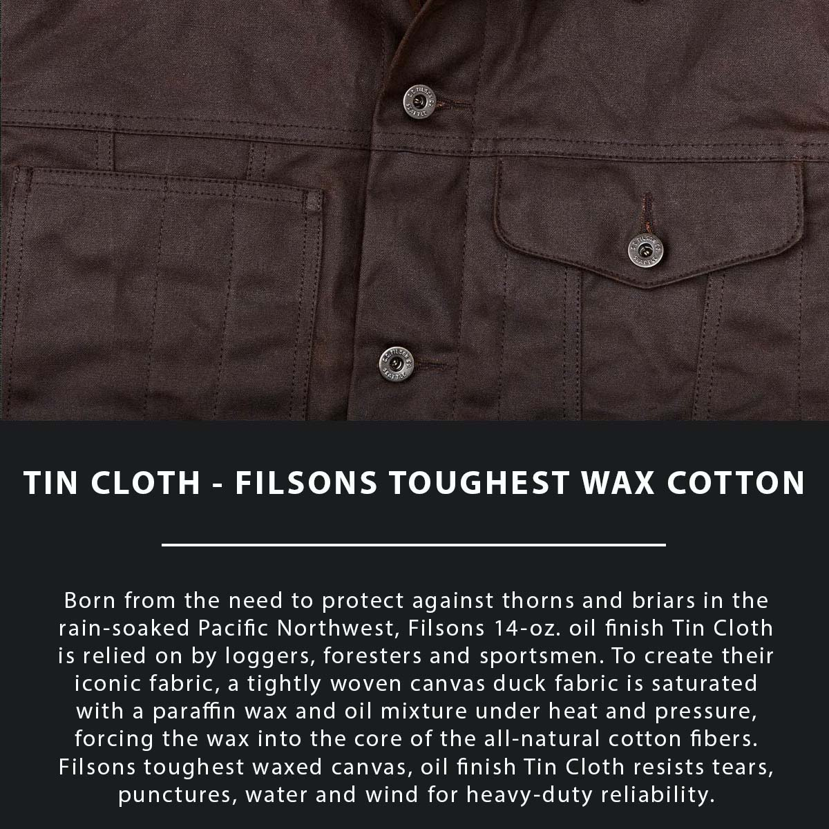 Filson Tin Cloth Short Lined Cruiser Jacket Dark Brown, made of the legendary super strong, lightweight, and oil impregnated 14-oz. Tin Cloth canvas