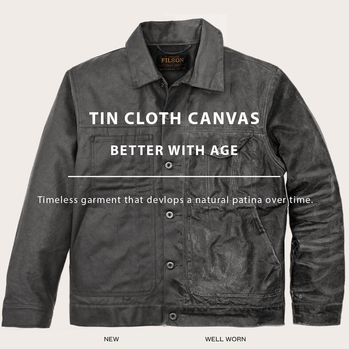 Filson Tin Cloth Short Lined Cruiser Jacket Castor Gray, better with age, timeless garment that devlops a natural patina over time