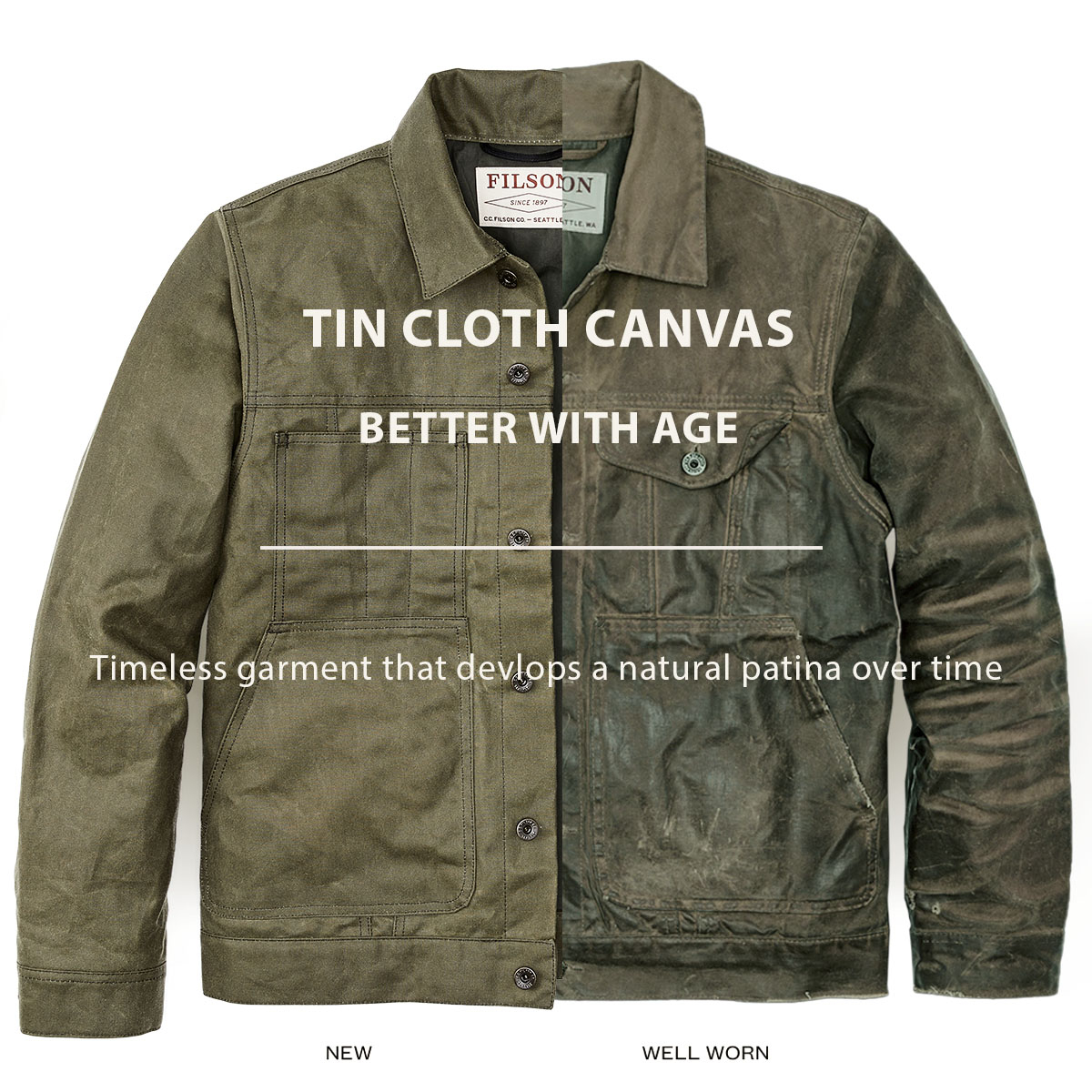 Filson Tin Cloth Short Lined Cruiser Jacket Military Green, better with age, timeless garment that devlops a natural patina over time