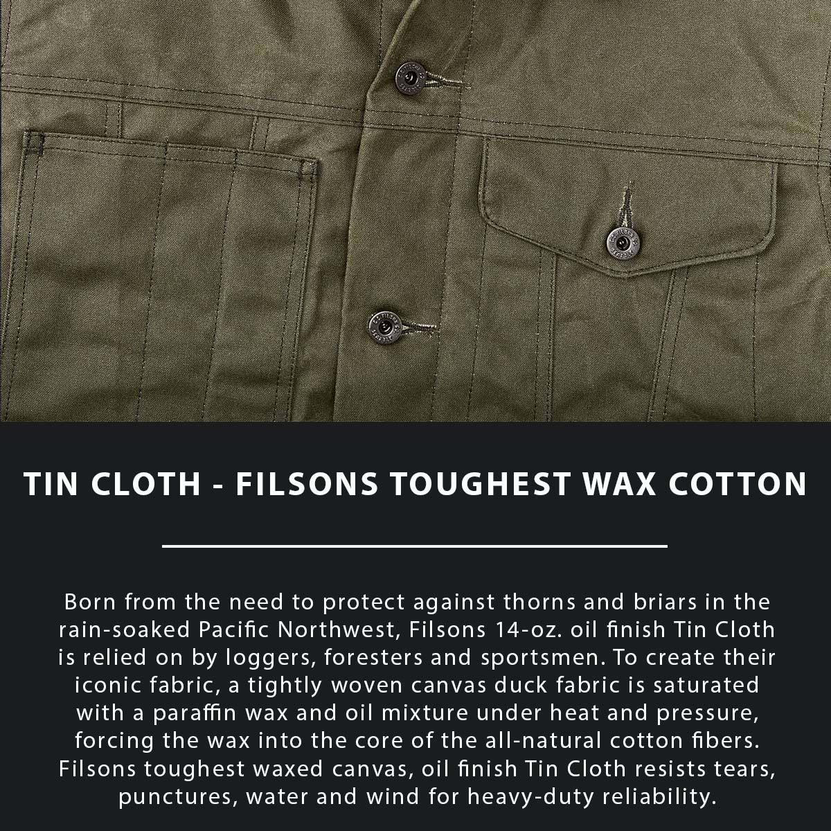 Filson Tin Cloth Short Lined Cruiser Jacket Military Green, made of the legendary super strong, lightweight, and oil impregnated 14-oz. Tin Cloth canvas