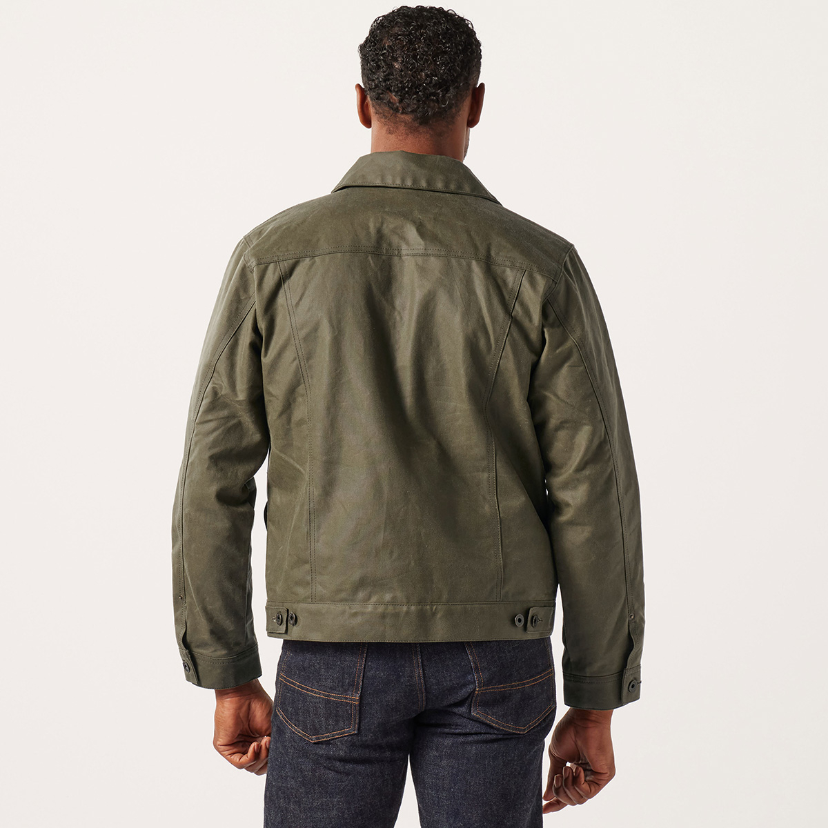 Filson Tin Cloth Short Lined Cruiser Jacket Military Green, a lightweight, lined, rain-repellent work jacket with a hip-length hem for the freedom to move