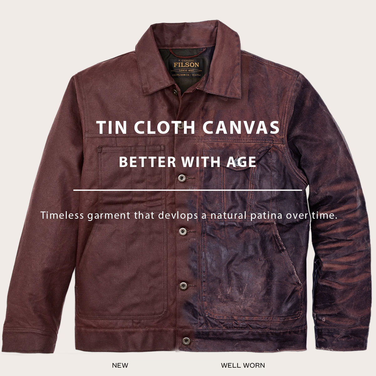 Filson Tin Cloth Short Lined Cruiser Jacket Fired Brick, better with age, timeless garment that devlops a natural patina over time