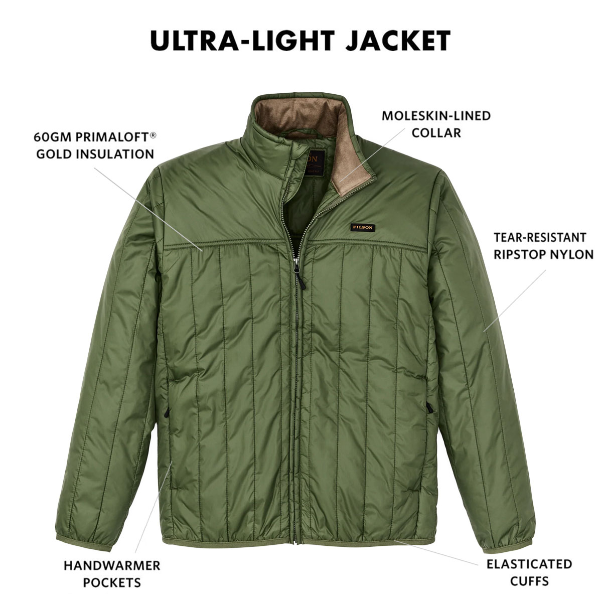 Filson Ultralight Jacket Cypress, with Cordura® Ripstop nylon and 60gm PrimaLoft® Gold insulation
