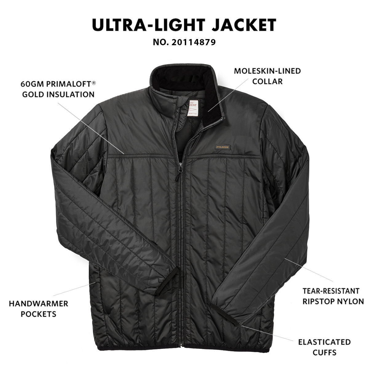 Filson Ultralight Jacket Raven, with Cordura® Ripstop nylon and 60gm PrimaLoft® Gold insulation